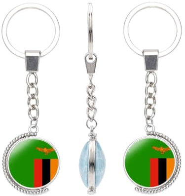 vmcoatdu Schlüsselanhänger mit Nationalflagge, doppelseitig, drehbar, Geschenk für Männer und Frauen, Edelstahl, Glas, Sambia, Einheitsgröße