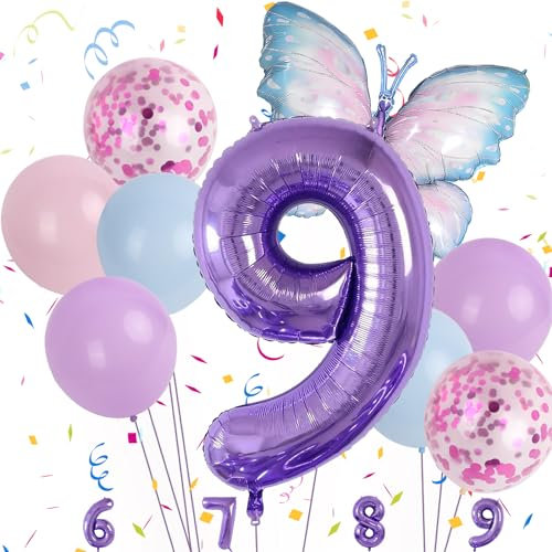 Minicloss Blau Lila Schmetterling Luftballon 9. Geburtstag Deko für Kindertag Party Dekoration Jungen Mädchen Themen Party