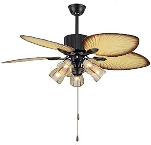 52 Tropical Ceiling Fan With Lights & Remote Control Reversible Leaf Palm Leaf Ceiling Fan Palm Leaf Ceiling Fan Living Room Bedroom With 5 Glass Lampshades,Yellowish