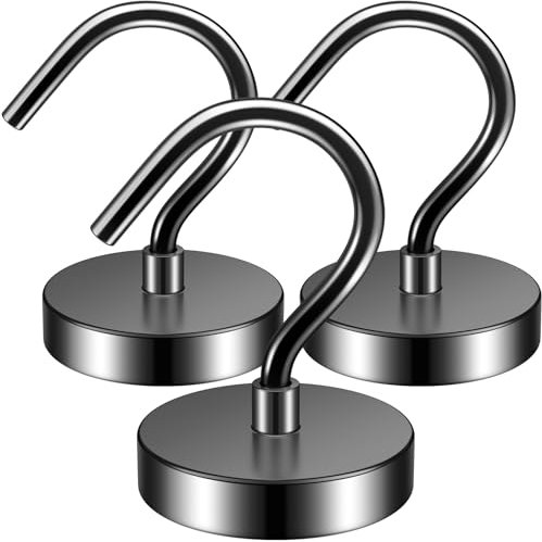 FINDMAG Confezione da 3 ganci magnetici neri al neodimio da 60 kg, magnetici con gancio, ganci magnetici extra forti per campeggio, ganci magnetici, forti magneti per crociera e casa