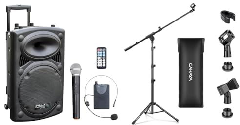 Ibiza - PORT12VHF-BT - Altavoz portátil 12/700W MAX con 2 micrófonos (VHF), Mando a Distancia & CAHAYA Soporte de Micrófono con Brazo con Dos Pinzas para Microfonos Pie de Micrófono Plegable