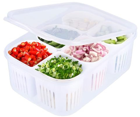 VZU Fridge Food Storage Containers with Lids, Airtight Refrigerator Food Fresh Box, Detachable Drain Basket Vegetables Sealed Keeper for Onion, Ginger, Garlic