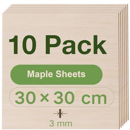 ROBOTIME Sperrholzplatte 3mm Ahorn Holzplatte Zuschnitt Nach Maß,Multiplex Platte Holz Laser Leimholzplatte Laserschnitt, CNC Router, Durchbrochenes 30CM*30CM 10 Stück