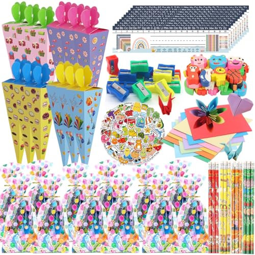 Kinder Geschenke Mitgebsel Einschulung 222 Stück,Kinder Einschulung Mitgebsel Set,Schulbedarf Geschenkset,Schreibwaren Set Einschulung,Schulanfang Geschenke,Faltbare Zuckertüte,Kinder Party Geschenke