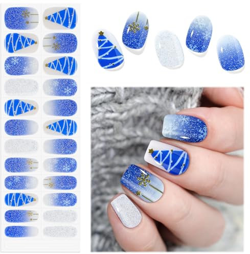 EBANKU Christmas Cured Gel Nail Strips, Glitter Gel Polish Strips - Long Lasting, Waterproof Full Nail Wraps - Sparkly Blue Christmas Tree and Snowflake