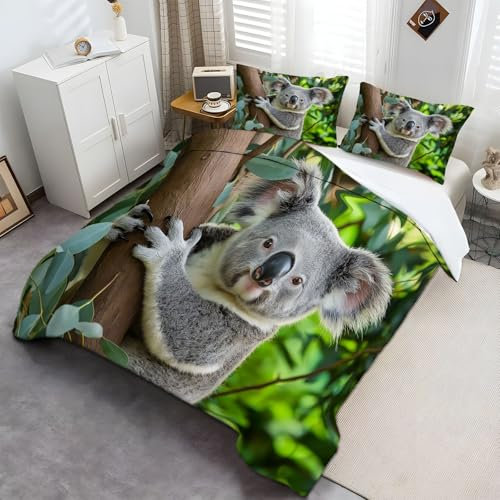 CozyRest Drucken Bettwäsche Set 200x200 cm 3teilig mit Reißverschluss Weiche Schlafkomfort Bettbezug Grauer Koala Kinderbettwäsche mit Kissenbezug 80x80 cm, Doppelt