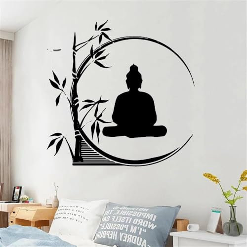 ZHANGXUANS Sticker mural en vinyle noir - Bouddha bambou zen décoration salon chambre à coucher exprimant tranquillité et paix sticker mural amovible 58 x 57 cm