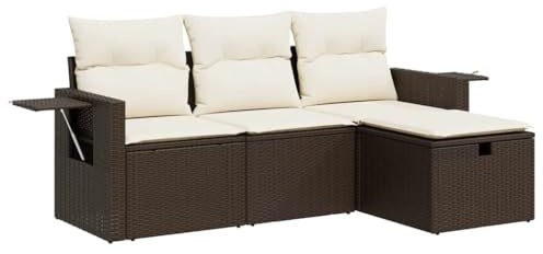 vidaXL 4-TLG. Garten-Sofagarnitur mit Kissen Braun Poly Rattan, Outdoor Sofa Set, Outdoor Sofagarnitur, Garten-Lounge-Set, Garten Sofagarnitur