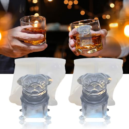 SIUPER 3D Pug Dog Ice Cube Silicone Molds Tray for Whiskey, Cocktail, Drink Decor, Bar; Rich Details. Fun Animal Shape Large Dogs Candle Epoxy Resign Mold; Pug Gifts for Women Kids Puppy Lover, 2 Pack
