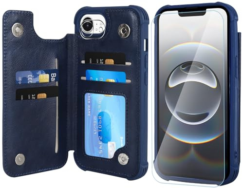 VANAVAGY Fit Car Mount Wallet Case for iPhone 16E/17E,Navy blue | PU Leather Flip Cover for Men & Women,12ft Drop Protection,RFID Blocking Card Holder,Kickstand,Includes Screen Protector