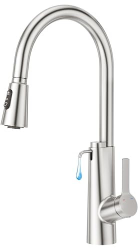 CREA Grifo Cocina Alto con Dispensador de Jabón,Grifo de cocina Fregadero Extraíble con 3 Modos, Grifo de Monomando Giratorio a 360°, Acero Inoxidable