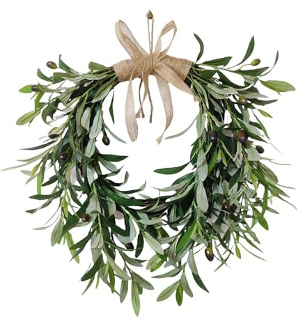 Marooma Künstlicher Grüner Olivenkranz, Künstlicher Olivenzweig-Grünkranz mit Olivenblättern und Früchten, Ganzjähriger Vollgrüner Kranz für Hochzeit, Party, Zuhause, Wand