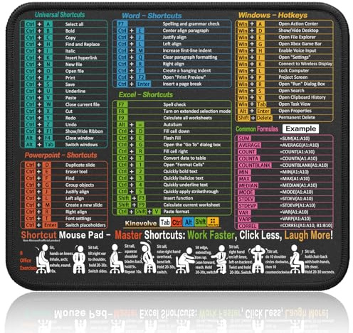 Kinevolve Mouse Pad for Excel/Word/PowerPoint/Windows Shortcuts – Small Excel Cheat Sheet Desk Pad – 11.8x9.8 Portable Computer Mousepad – Gaming, Office, Waterproof, Non-Slip, Stitched Edges