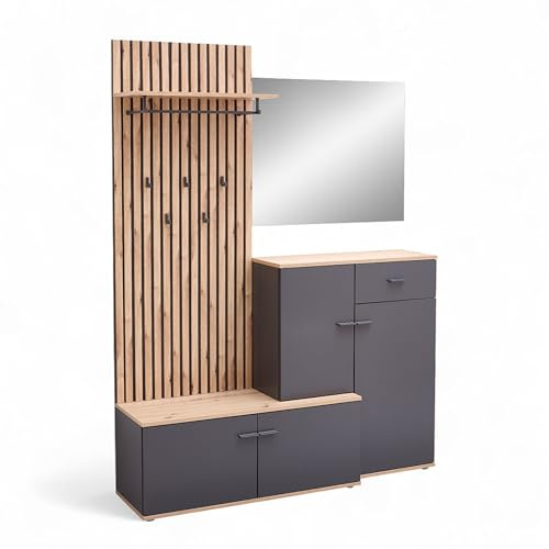 FYNN Flurgarderoben Set Anthrazit Artisan Eiche Optik Kompaktgarderobe | 148 x 199 x 38 cm (B/H/T) Garderobe, mit Spiegel, Wandpaneel, Schuhbank und Schuhschrank, Stauraum, Lamellenoptik