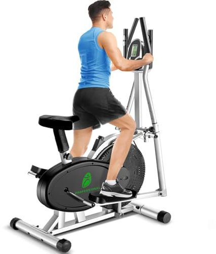 Crosstrainer für zu Hause, ergonomischer 2-in-1-Crosstrainer mit verstellbarem Sitz und Widerstand, LCD-Display, rutschfestem Pedal, platzsparender Tragfähigkeit von 265 lbs (Silber)