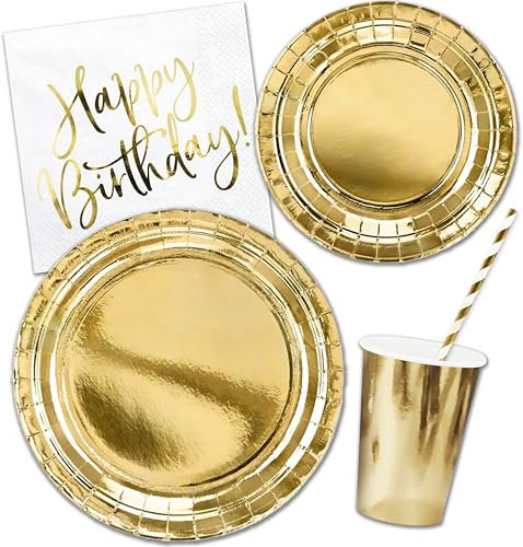 Decoraparty Set Stoviglie Oro per Compleanno per 6 Persone, Decorazioni da Tavola Happy Birthday Riutilizzabile - 6 Bicchieri, 6 Piatti Grandi, 6 Piatti Piccoli, 20 Tovaglioli, 10 Cannucce (48 pz)