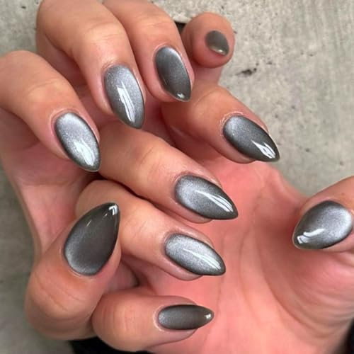 KQueenest Cat Eye Press on Nails Short Almond, Glazed Glitter Grey Black False Nails Short Stiletto, Shiny Bling Acrylic Fake Nails Set Sparkly Stick on Nail for Women Holiday Finger Decoration 30 Pcs