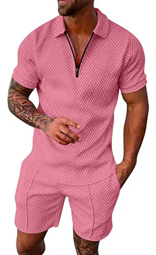 Generisch Survêtement pour homme - 2 pièces - Polo - Short - Tenue d'été - 2 pièces - Sport confortable et respirant - Tenue de plage - Combinaison d'été 2025, Rose, XL