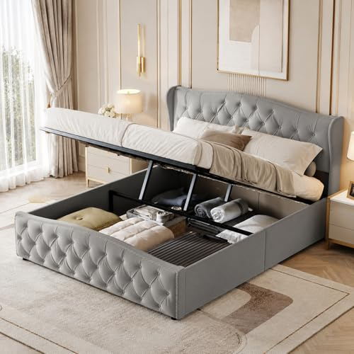 LKPOMI Bett mit Stauraum 160x200 Polsterbett Boxspringbett mit Bettkasten und Lattenrost, Stauraumbett Jugendbett Bettgestell, Samt, ohne Matratze (Grau 2, 160 x 200 cm)