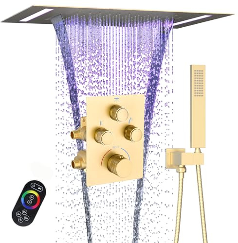 Rain Shower System, 2 in 1 Functions Rainfall Waterfall 14x20 Inch Ceiling Mount LED Shower Head with Square Handheld, Push Button Thermostatic Shower Valve Can All Run Together, Brushed Gold