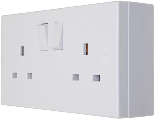 2 Gang 13 Amp Wall Socket with 25mm Surface Mount Pattress Back Box Double Twin White, Square Edge