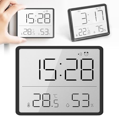 WIYETY Luftfeuchtigkeit LCD Wecker Digital: Digitaler Wecker mit Temperatur mit Magnetische Ansaugung Multifunktional Klein Reisewecker Digital Uhr Batteriebetrieben, 12/24 Stunden ℃/℉, Schwarz
