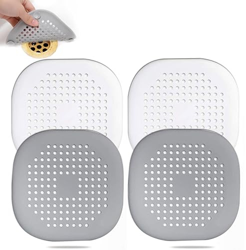 LauCentral Silicone Drain Protector with Sucker - 4 Pcs | Drain Cover Hair/Food Catcher with Sucker for Bathroom, Kitchen, Shower, Sink Strainer Drain Protector (White + Grey)