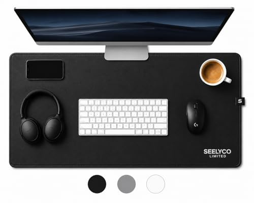SEELYCO Vegan Leather Desk Mat - Large Desk Pad with Non-Slip Suede Base, Waterproof Desk Protector Mat for Keyboard, Mouse & Laptop Workspace - 80x40cm (Obsidian Black)