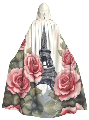 UVBDF Eiffelturm Rose Blume Polyester Kapuzenumhang für Erwachsene, Cosplay Zauberer Hexe Umhang für Halloween, St. Patrick's Day
