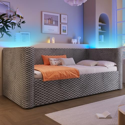 Tagesbett mit Stauraum & LED-Beleuchtung, Hydraulik-Hochbett mit Lattenrost, Velvet Samtbezug, platzsparende Schlafcouch für Gästezimmer (Gray-B + 90 x 200 cm)