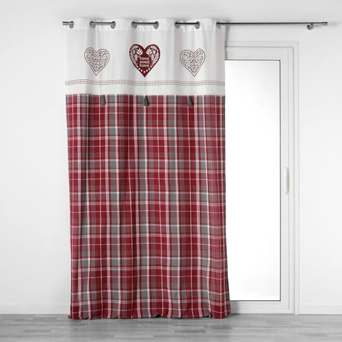 Rideau à Œillets 140 x 240 cm – Coton Tissé à Carreaux + Top Imprimé et Pom