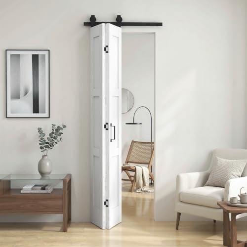 HOMCOM Puerta corredera plegable para interior empotrada en pared, 71,2 x 213,4 cm, guía silenciosa de acero, tirador, guía, ruedas, puerta de interior de estilo rústico, en MDF y madera de pino,