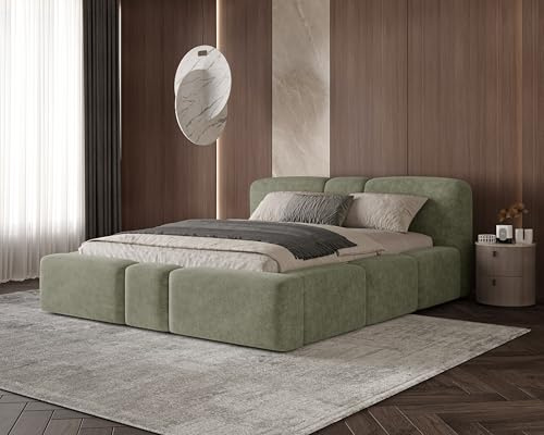 Chilly. Polsterbett Monte - Bett 140x200 cm- Bettkasten und Stauraum - Doppelbett mit Stabilem Metallrahmen - Weicher Perfect Harmony-Stoff - Olivgrün
