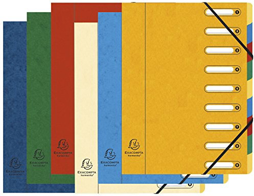 Exacompta 5309E Premium Ordnungsmappe Harmonika. Aus extra starkem Colorspan-Karton DIN A4 9 Fächer und 2 Gummizüge mit Indexfenster und dehnbarem Rücken Register-Mappe 1 Stück Zufallsfarbe