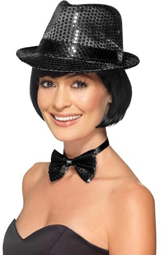 Smiffys Pailletten Trilby Hut, Schwarz Halloween