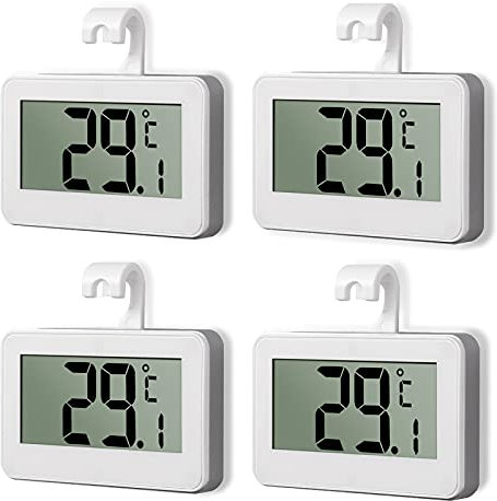 CAMWAY Mini Thermomètre de Réfrigérateur, Lot de 4 Thermomètres Numériques pour Congélateur Thermomètre Digital de Pièce Etanche avec Crochet, Grand Ecran LCD