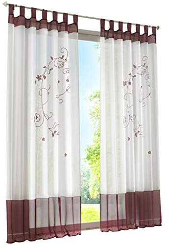 1 Stück Gardine mit Blumen Stickerei Design Vorhang Transparent Voile Vorhänge (BxH 140x175cm, Beere mit Schlaufen)