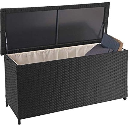 Mendler Poly-Rattan Kissenbox HWC-D88, Gartentruhe Auflagenbox Truhe Premium, 63x135x52cm 320l - schwarz