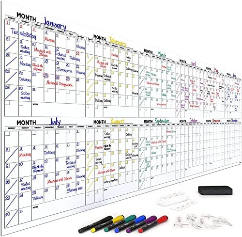 Scribbledo Calendrier annuel géant effaçable à sec 254 x 91,4 cm 12 mois Calendrier mural réutilisable Comprend 4 marqueurs 1 gomme et ruban de fixation