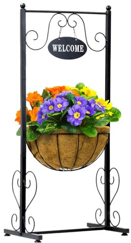 Sorbus Welcome Planter Basket Stand with Coco Liner, Stylish Flower, Plant, and Outdoor Décor for Home, Garden, Patio, Deck, Black Metal