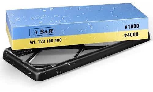 S&R Doppelseitiger Schleifstein 1000/4000 - Korund - Premium Wetzstein & Messerschärfer Set, rutschfester Silikon-Halter, Schleifhilfe, präzises Schärfen & Schleifen aller Klingen
