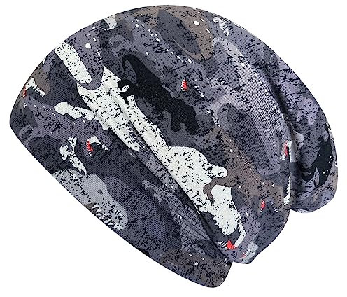 Wollhuhn ÖKO Jungen Dino Camouflage Long-Beanie/Wende-Mütze ganzjährig Innen Uni grau (aus Öko-Stoffen, Bio) 20199004 (L: KU ab 54 (darüber/Erwachsene))