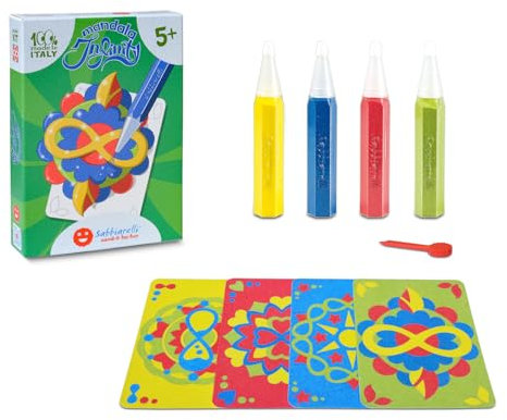 Sabbiarelli Sand-it For Fun - Kit Mandala Infinity, Kreativ-Set für Kinder ab 5: 4 Selbstklebende Motive und 4 Farbsandstifte, Entspannende und Sensorische Aktivität, Tolle Geschenkidee