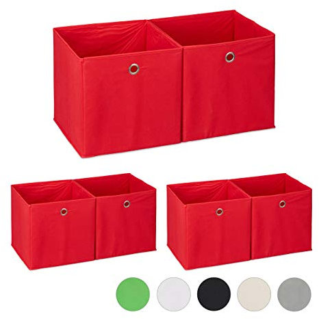 6 x Aufbewahrungsbox Stoff, quadratisch, Aufbewahrung für Regal, Stoffbox in Würfelform, HxBxT: 30 x 30 x 30 cm, rot