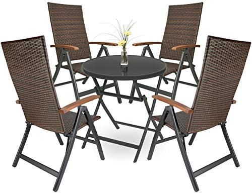 BRUBAKER Modena - 1 Mesa de Cristal - Plegable - Redonda de 70 cm Ø con 4 Sillas de Polirrato - Resistente a la Intemperie - Marrón/Antracita