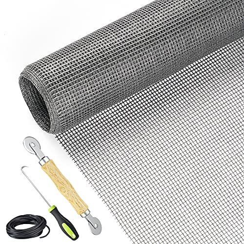 Screen Repair Kit Easy DIY Project 59 x 106 Fiberglass Screen Mesh with Rolling Tool and Screen Retainer Spline Screen Replacement kit for Windows Sliding Doors and Patio Screens (59 x 106, Gray)