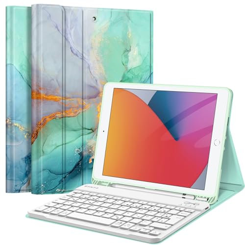 FINTIE Tastatur Hülle für iPad 10.2 Zoll (9/8/ 7 Generation - 2021/2020/2019), Schutzhülle mit TPU Rückschale, Pencil Halter und magnetisch Abnehmbarer Tastatur mit QWERTZ Layout, Smaragd