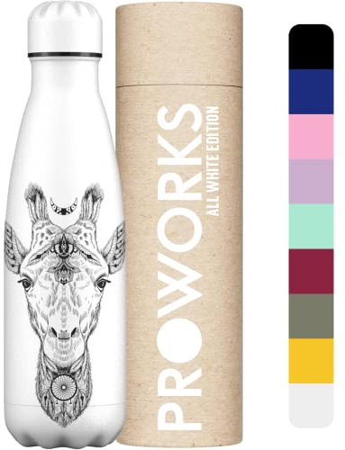 PROWORKS Bouteille d'eau Isotherme, sans BPA, Gourde INOX Reutilisable pour Maintien Chaud de 12 Heures & du Froid Jusqu’à 24 Heures, Sport, Gym, Voyage - 1 Litre - Tout Blanc - Girafe Aztèque
