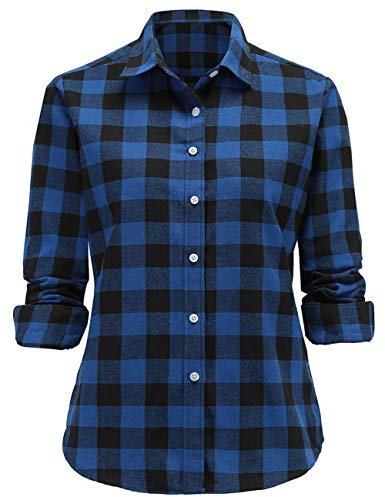 Dioufond Chemise Bucheron Femme Chemisier a Carreaux Flanelle Chemise Carreaux Femme Bleu 2XL
