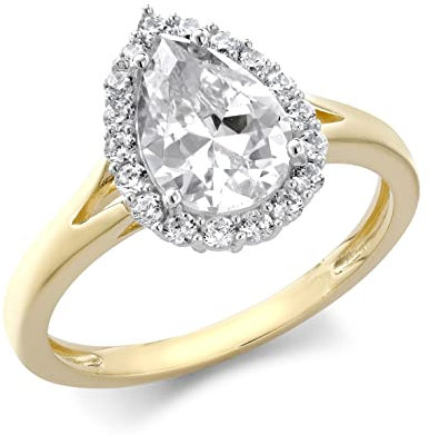 CARISSIMA Women's 9ct 2-Colour Gold Pear CZ Split-Shoulder Halo Ring #R